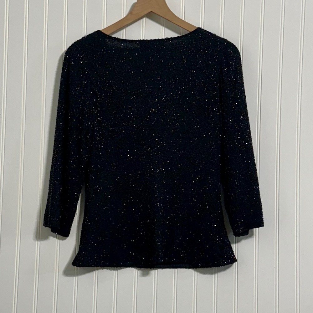 Laurence Kazar Women Beaded Silk Top Medium Mob Luxe 2.0 Glamoratti Black Blouse - Picture 3 of 8